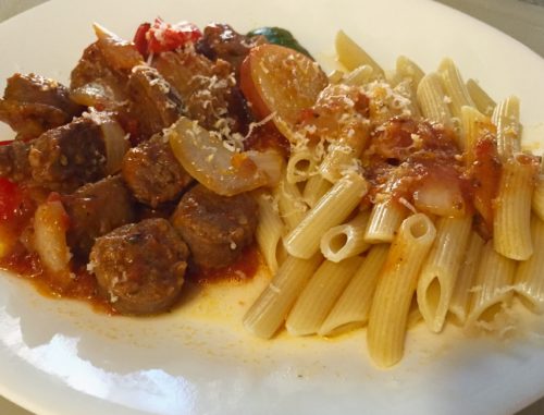 Italian Sausage, Veggies, Tomato Sauce All Together
