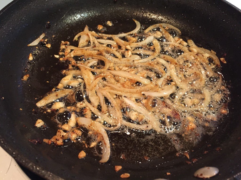 The veggies frying.