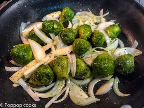 Pan Fried Beef Strips and Brussel Sprouts-2-poppopcooks.com