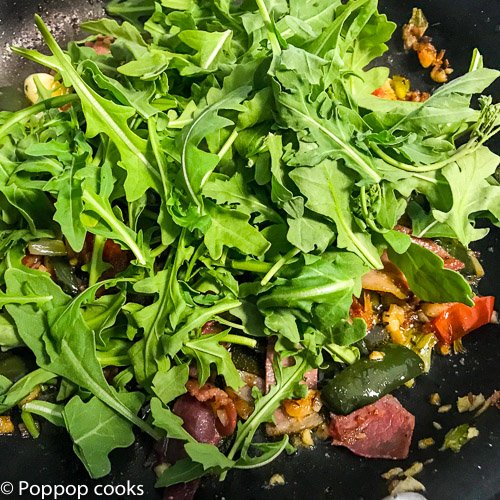 Prosciutto and Veggies one skillet with arugula added