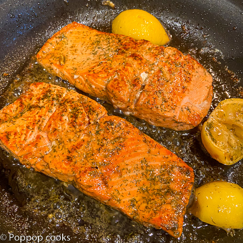 salmon fillets turned over